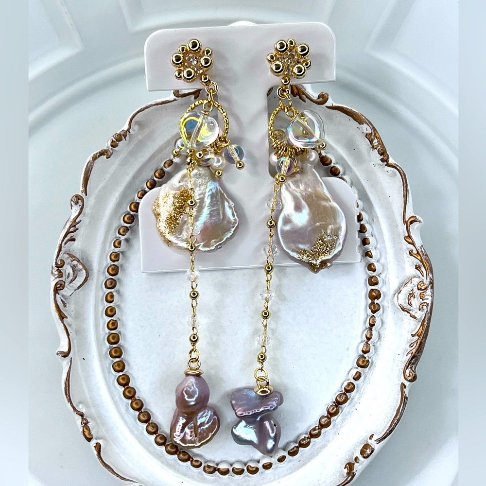 Handmade Freshwater Keshi Pearl Crystal Heart ❤️ Dangle Earrings S925 SS Posts